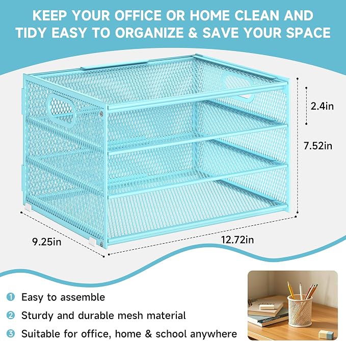Subekyu Paper Letter Tray Organizer for Desk, Blue Metal Mesh Desk File Sorter Organizer with Handle and 2 Sliding Trays for Home Office School Supplies Organization - Image 5