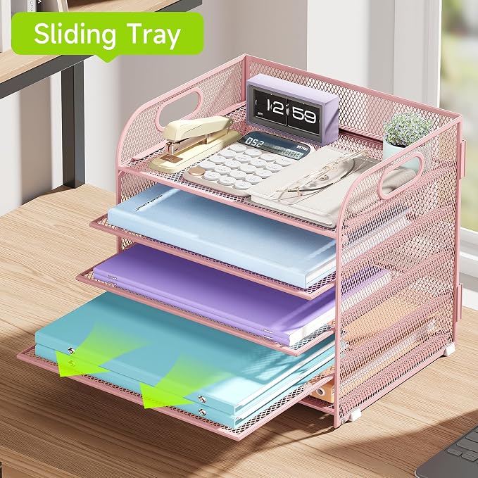 Cawukege 5 Tier Paper Organizer with Handle, Pink Metal Mesh Desk Organizer File Folder Paper Letter Tray Desktop Document Sorter for Classroom, School, Office Accessories Organization and Storage - Image 3