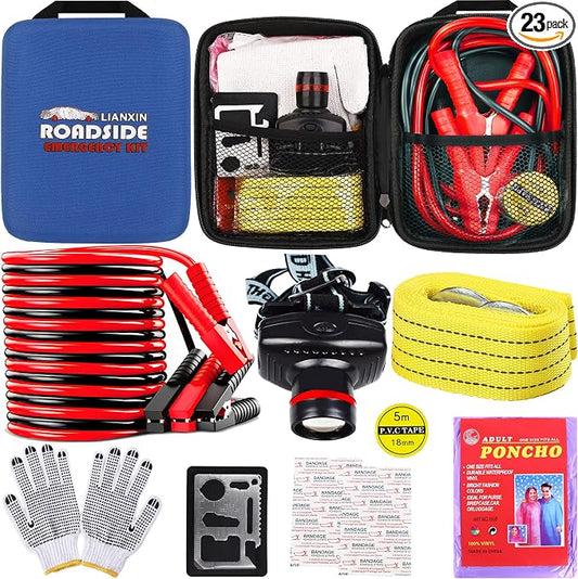 Car Roadside Emergency Kit with Jumper Cables Headlamp Car Safety Kits | Emergency Car Kit Tow Straps, Multi-function Blades, Gloves, Multi-tool Kit, Breakdowns Gifts for New Drivers and Teenagers by LIANXIN