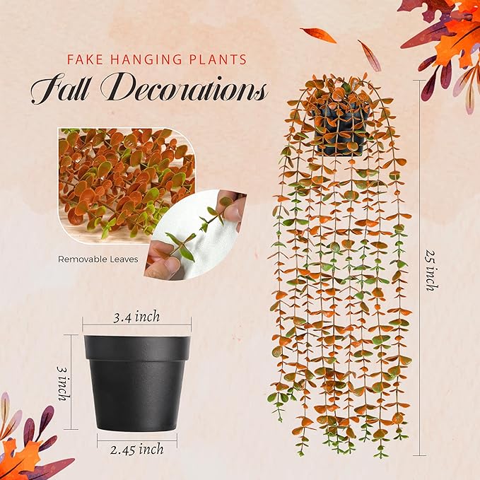 Der Rose 1Pcs Fake Fall Plants Hanging Orange Artificial Potted Faux Eucalyptus Plant Decorations for Fall Thanksgiving Bathroom Table Centerpiece Wall Kitchen Room Decor Indoor and Outdoor - Image 3