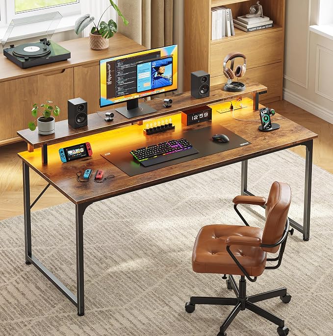 PRAISUN 48 inch Gaming Desk, LED & Outlets, Monitor Stand, Rustic Brown | Sturdy PC Desk for Home Office, Study & Work, LED Lights, 4 AC Outlets & USB-C Charging Station - Image 2