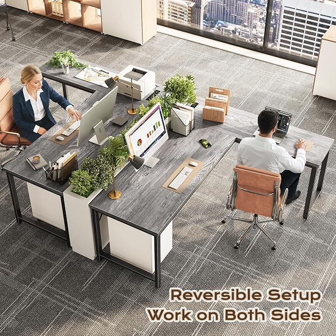Huuger 63 Inch L Shaped Desk with Power Outlets and USB-C Port, Reversible Computer Desk, Larger Office Corner Gaming Desk, 0.95 Inch Thicker Desktop, Metal Frame, for Home Office, Study, Grey - Image 2