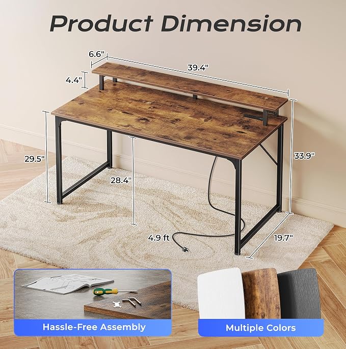 PRAISUN 40 inch Gaming Desk, LED & Outlets, Monitor Stand, Rustic Brown | Sturdy PC Desk for Home Office, Study & Work, LED Lights, 4 AC Outlets & USB-C Charging Station - Image 3