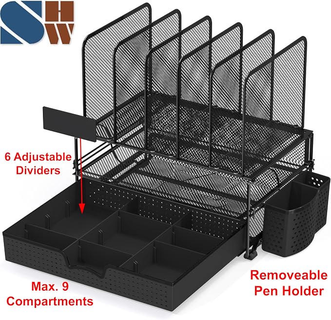 Simple Houseware Desk File Organizer for Office Supplies w/Drawer, Black | Double Tray, Pencil Holder, and 5 Upright Sections with Sliding Drawer - Image 3