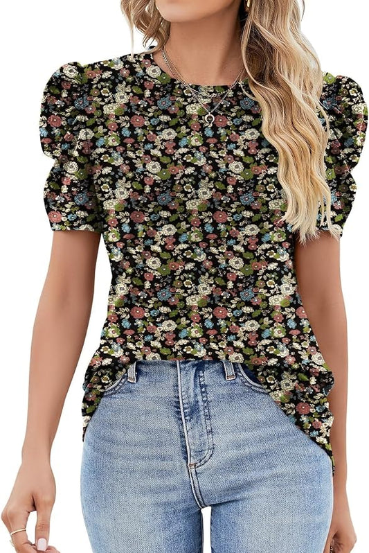 Ivicoer Puff Short Sleeve Shirt for Women Eyelet Tops Summer Crewneck Blouse Loose Fit S-XXL by Ivicoer
