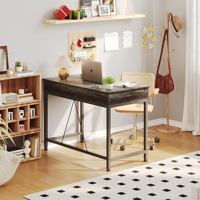Mexin Small Desk with 2 Wooden Drawers, 40 Inch Home Office Writing Desk, Vanity Desk with Storage, Computer Desk for Bedroom Small Spaces, Table for Office, Work, Kids Study, Makeup, Gray Oak - Image 2