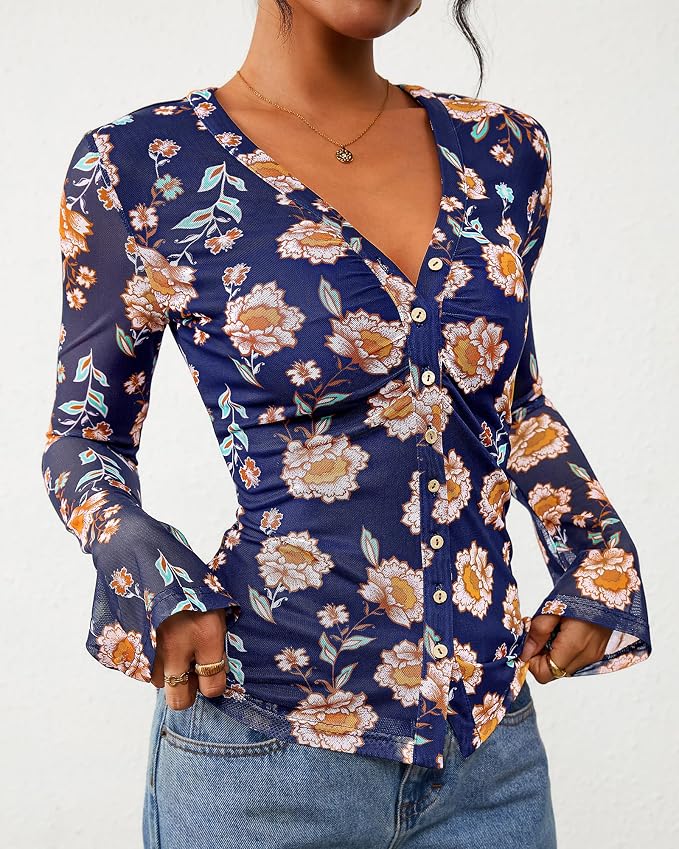 BTFBM Button Down Shirts for Women 2026 Fall Boho Tops V Neck Long Sleeve Blouses Ruched Mesh Fitted Fashion Clothing - Image 7