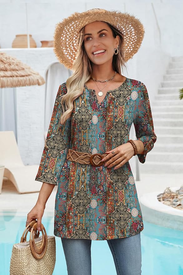 OFEEFAN Summer Boho Tops For Women 3/4 Length Sleeve Womens Tops Vacation Outfits - Image 4