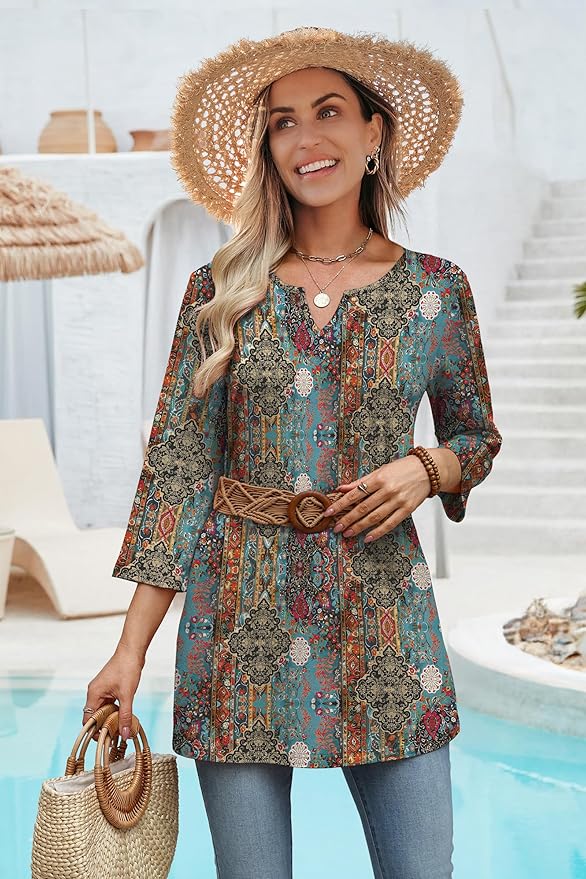 OFEEFAN Summer Boho Tops For Women 3/4 Length Sleeve Womens Tops Vacation Outfits - Image 4