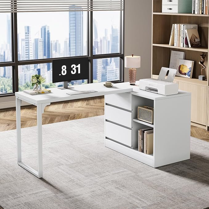 Tribesigns L-Shaped Computer Desk with Drawers and Shelves, Reversible White Corner Office Desk with Storage Cabinet, Modern Study Writing Table for Home Office, Bedroom - Image 4