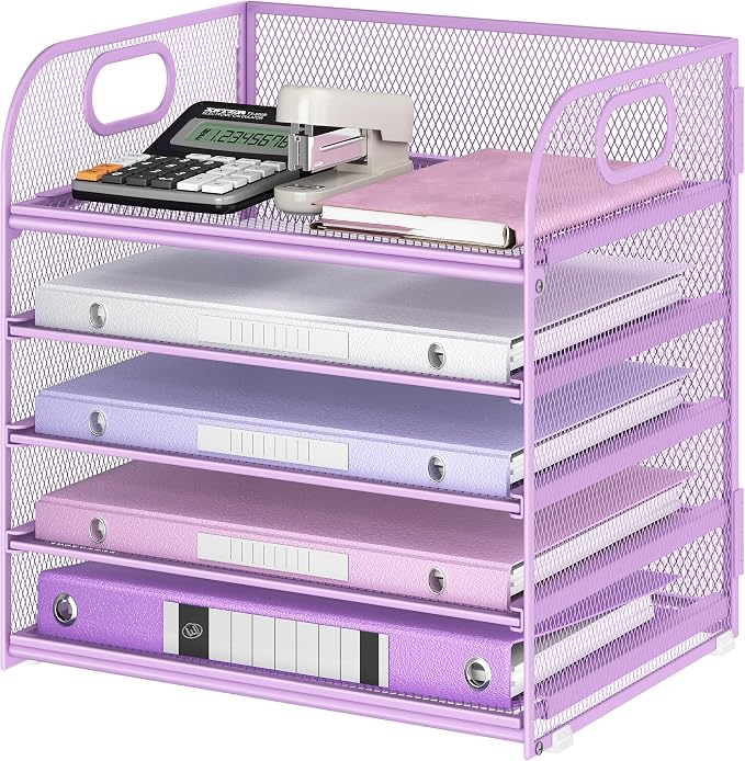 Lavatino Desk Letter Tray Paper Organizer, 5-Tier with Handle Metal Mesh Desktop File Organizer Paper Holder for Classroom Office Desk Accessories- Purple by Lavatino
