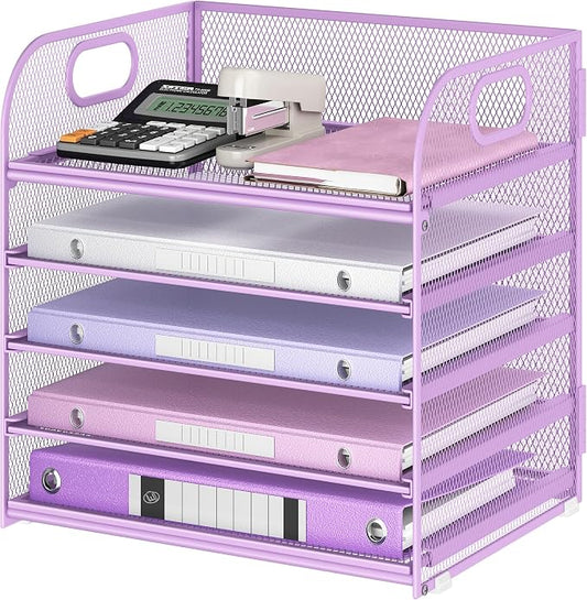 Lavatino Desk Letter Tray Paper Organizer, 5-Tier with Handle Metal Mesh Desktop File Organizer Paper Holder for Classroom Office Desk Accessories- Purple by Lavatino