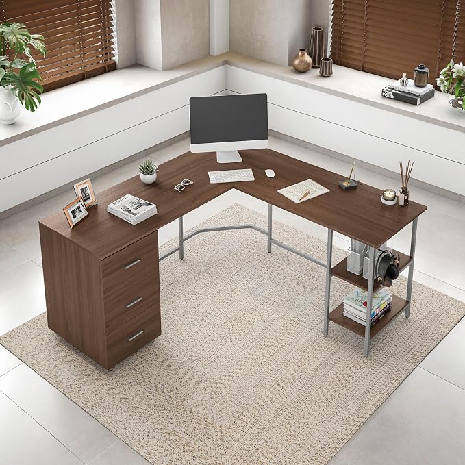 Techni Mobili L Shaped Desk - Two-Toned Computer Desk with Drawers & Storage Shelves - Simple Modern Furniture & Home Office Space Corner Table for Work & Writing | 59" two‑tone L‑shaped desk with storage shelves, durable frame, modern corner workstati... - Image 2