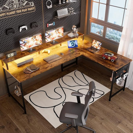 Pamray 64 Inch L Shaped Gaming Desk with Monitor Stand and Power Outlets | Large Corner Computer Desk With Pegboard & Led Lights USB Charging Ports for Home Office Study and Writing Bedroom and Dorms by PAMRAY