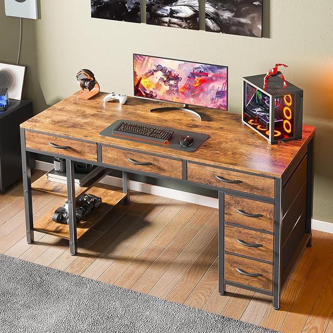 Huuger Computer Desk with 6 Drawers, Office Desk with Shelves, Reversible Gaming Desk, Corner Desk with Storage, Work for Home Office, Study, Living Room, 47inch, Rustic Brown - Image 7