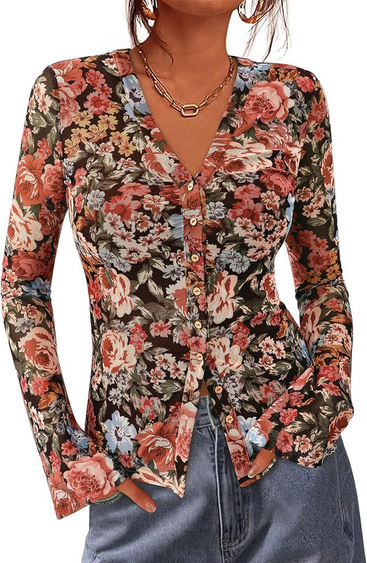 BTFBM Button Down Shirts for Women 2026 Fall Boho Tops V Neck Long Sleeve Blouses Ruched Mesh Fitted Fashion Clothing by BTFBM