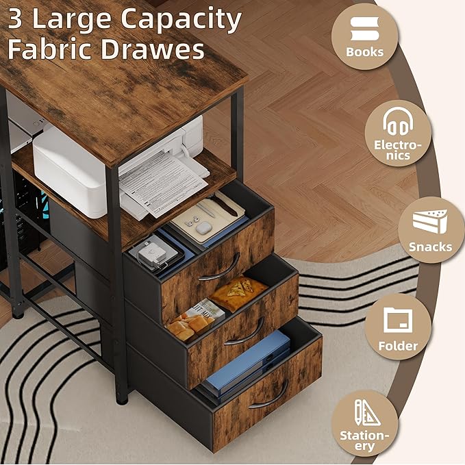 YOSHOOT 2 Person Computer Desk, 87" Long Gaming Desk for 2 People | Double Desk with 3 Fabric Drawers and 2 Power Outlets, Home Office Table for Adults and Teenagers, Rustic Brown - Image 4