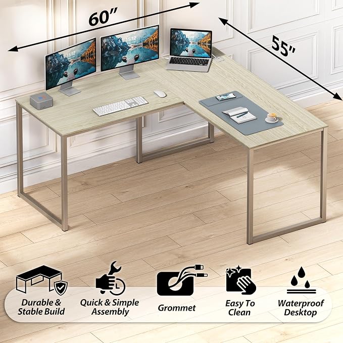 SHW Mission 55 x 60 L-Shape Home Office Computer Desk, Maple | Reversible Desktop Design - Image 4