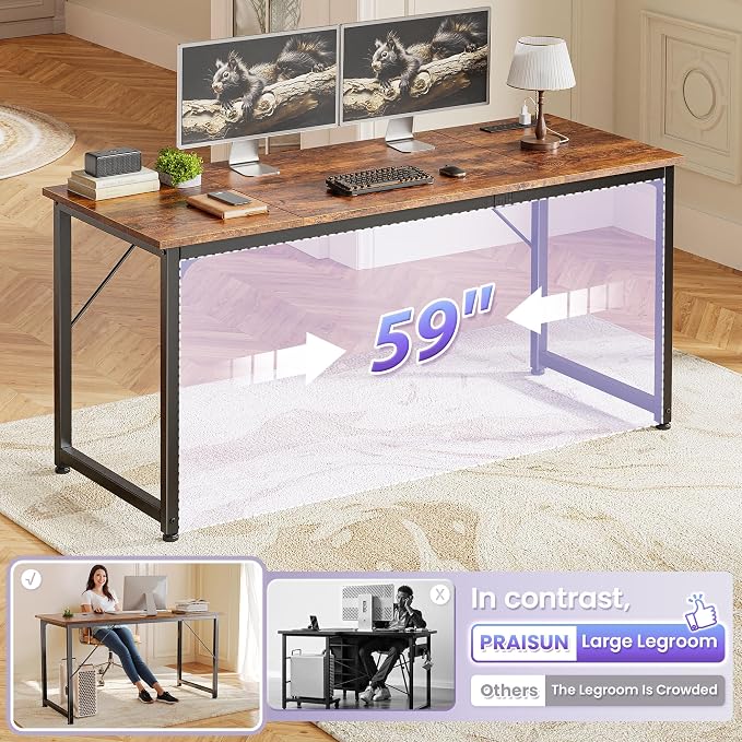PRAISUN 63 X 24 Inch Computer Desk, Power Outlets, USB-C, Rustic Brown | Office Desk with 4 AC Outlets, USB & USB-C, Sturdy Metal Frame, Spacious Desktop for Work, Writing, Study & Gaming - Image 7