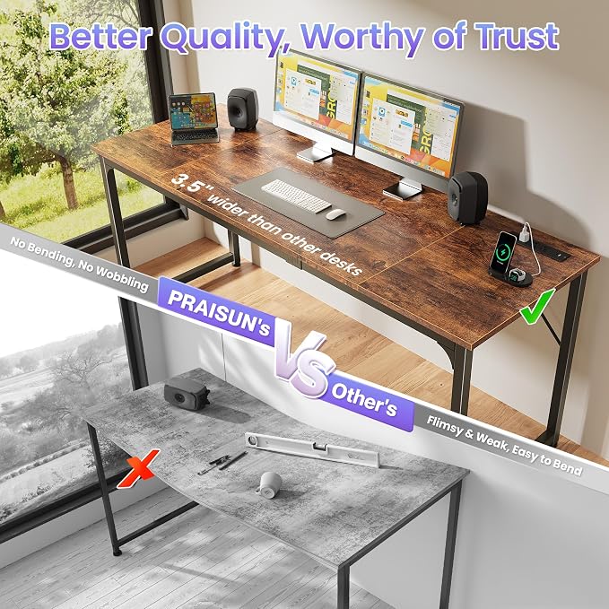 PRAISUN 70 X 24 Inch Computer Desk, Power Outlets, USB-C, Rustic Brown | Office Desk with 4 AC Outlets, USB & USB-C, Sturdy Metal Frame, Spacious Desktop for Work, Writing, Study & Gaming - Image 5