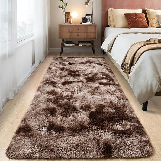 Tepook Fluffy Runner Rugs for Bedroom Aesthetic 2x6 Feet, Shag Soft Bedside Rug with Non-Slip Bottom, Fuzzy Plush Carpet for Room, Hallway Rug for Nursery Dorm Indoor Home Decor, Tie-Dyed Coffee by Tepook