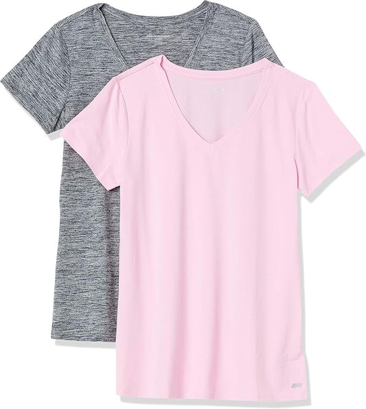 Amazon Essentials Women's Active Quick Dry Tech Stretch Short-Sleeve V-Neck T-Shirt (Available in Plus Size), Pack of 2 by AmazonEssentials