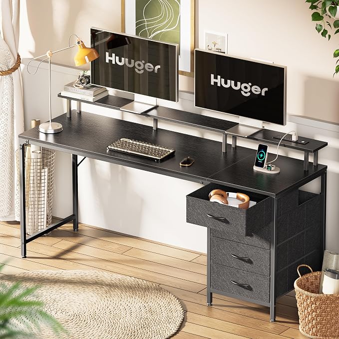 Huuger 63 Inch Computer Desk with Power Outlets and LED Lights, Gaming Desk with 4 Drawers, Office Desk with Monitor Stand, Study Desk Work Desk for Home Office, Black - Image 7
