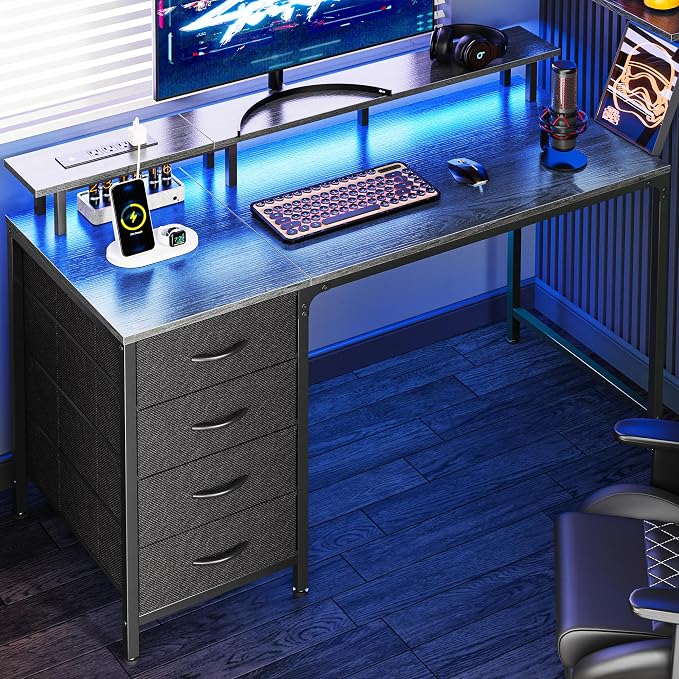 Huuger 47 Inch Computer Desk with Power Outlets and LED Lights, Gaming Desk with 4 Drawers, Office Desk with Monitor Stand, Study Desk Work Desk for Home Office, Small Spaces, Gray by Huuger