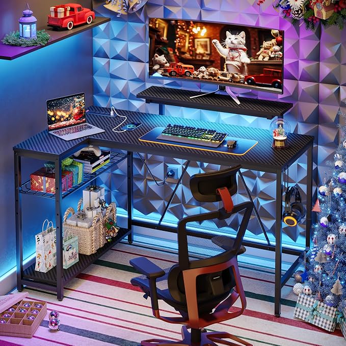 Bestier 52-Inch L-Shaped Gaming Desk with Charging & LED, Black | Charging 3AC+2USB, RGB LED 20 Colors/22 Modes, Reversible Shelves, Carbon Fiber Texture, Headphone Hook, 52 in - Image 4