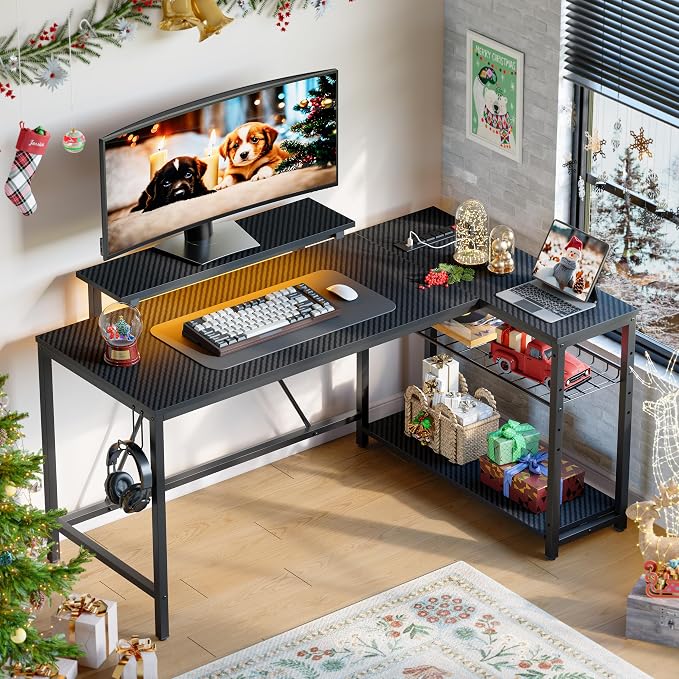 Bestier 58-Inch L-Shaped Gaming Desk with Charging & LED, Black | Charging 3AC+2USB, RGB LED Strip, Reversible Shelves, Monitor Stand, Headphone Hook, Metal Mesh Shelf, 58 in - Image 3