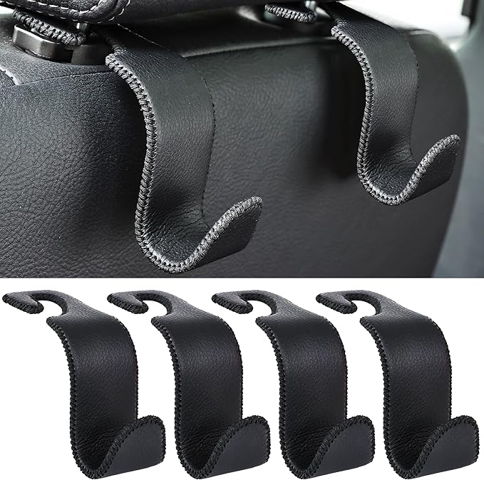 Amooca Car Seat Headrest Hook 4 Pack Metal Core Hanger Universal Car Storage Organizer for Handbag Purse Coat S Type Leather Black by Amooca