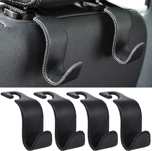 Amooca Car Seat Headrest Hook 4 Pack Metal Core Hanger Universal Car Storage Organizer for Handbag Purse Coat S Type Leather Black by Amooca