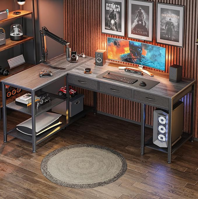PRAISUN 55 Inch L Shaped Office Desk with Power Outlets and Type-C Port, Large Computer Gaming Desk with 3 Fabric Drawers, Mesh Shelves, Corner Study Work Writing Desk, Grey - Image 9