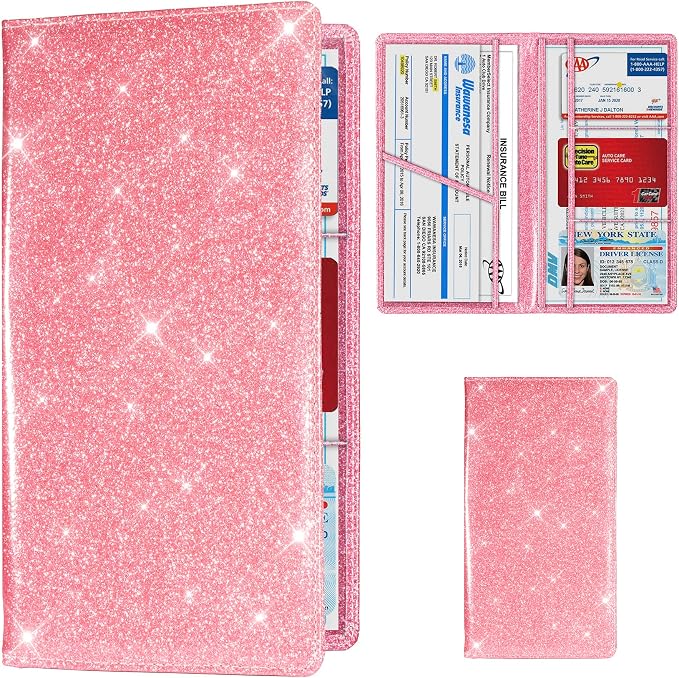 TOURSUIT Car Registration & Insurance Card Holder, Glitter Pink | Vehicle License Document Organizer, Glove Box Compartment, Interior Car Accessories, For Women Men by TOURSUIT