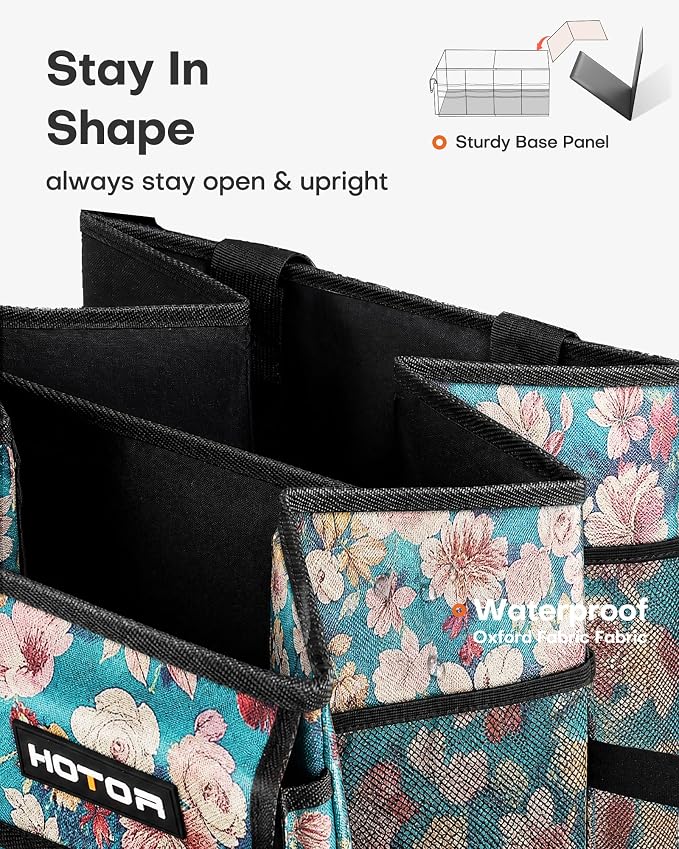 HOTOR Trunk Organizer- Car Organizer, Foldable Trunk organizer for SUVs & Sedans, Sturdy Car Organization for Car Accessories, Tools, Sundries, Blue Flower, 2 Compartments, 21.3"×12.6"×10.6" - Image 4