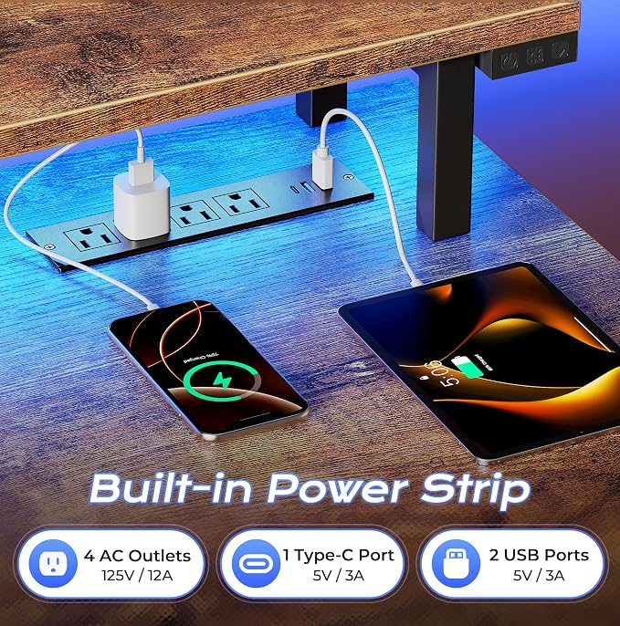 PRAISUN 55 inch Gaming Desk, LED & Outlets, Monitor Stand, Rustic Brown | Sturdy PC Desk for Home Office, Study & Work, LED Lights, 4 AC Outlets & USB-C Charging Station - Image 5