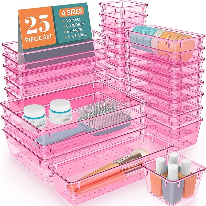 WOWBOX 25 PCS Plastic Drawer Organizer Set, 4 Sizes Desk Drawer Divider Organizers and Storage Bins for Makeup, Jewelry, Gadgets for Kitchen, Bedroom, Bathroom, Office, Clear Pink by WOWBOX