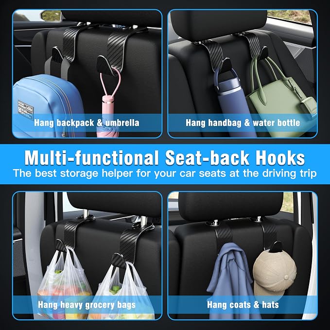 Amooca 4-Pack Car Headrest Hooks Vehicle Storage Organizer for Purses Handbags Groceries Coats –Holds 55lbs 360° Rotating Simple Design Black Checkered - Image 4