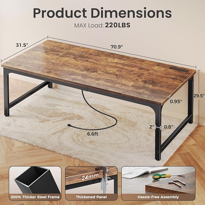 Huuger 71 x 31.5 Inch Desk with Power Outlets & USB-C, 0.95 Inch Thicker Desktop, Robust Metal Tubes, Deep Computer Desk, Heavy Duty Office Desk, Work Desk for Home Office, Rustic Brown - Image 2