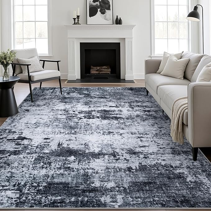 5x8 Area Rug Living Room Rug: Washable Modern Abstract Soft Thin Rug Indoor Floor No Slip Stain Resistant Carpet for Bedroom Dining Room Farmhouse Nursery Home Office - Black by FXRHLP