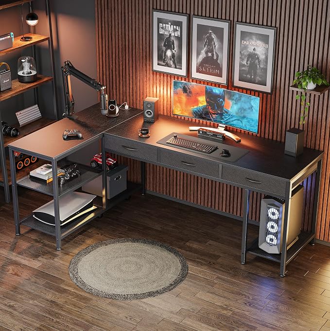 PRAISUN 63 Inch L Shaped Office Desk with Power Outlets and Type-C Port, Large Computer Gaming Desk with 3 Fabric Drawers, Mesh Shelves, Corner Study Work Writing Desk, Black - Image 9