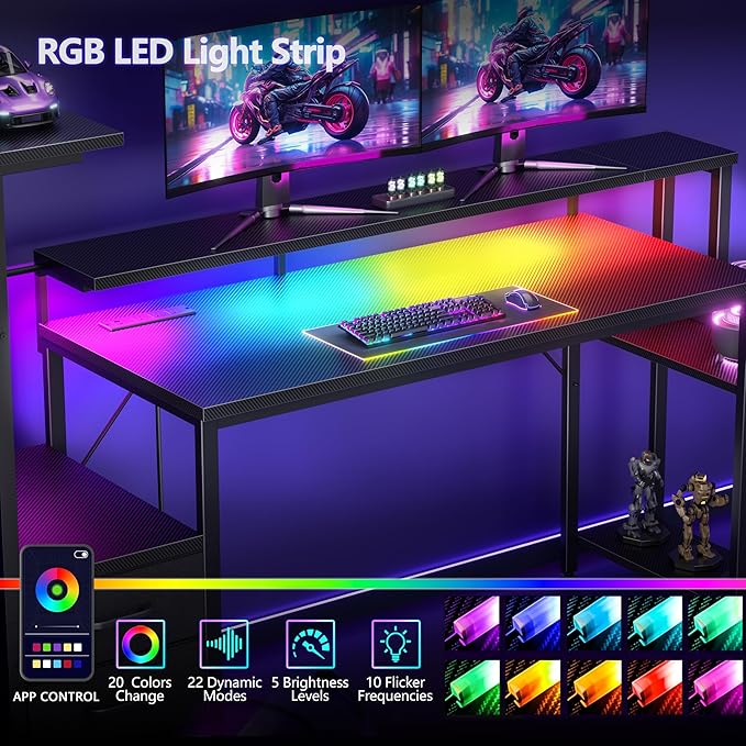 Korfile 55 Inch Gaming Desk with Bluetooth LED Lights & Power Outlets,Computer Desk with Fabric Drawers & Hooks,Reversible Gamer Table with Monitor Stand for Game Room,Home Office,Carbon Fiber Black | Reversible，Computer Desk, Gamer Table, Bluetooth LE... - Image 4