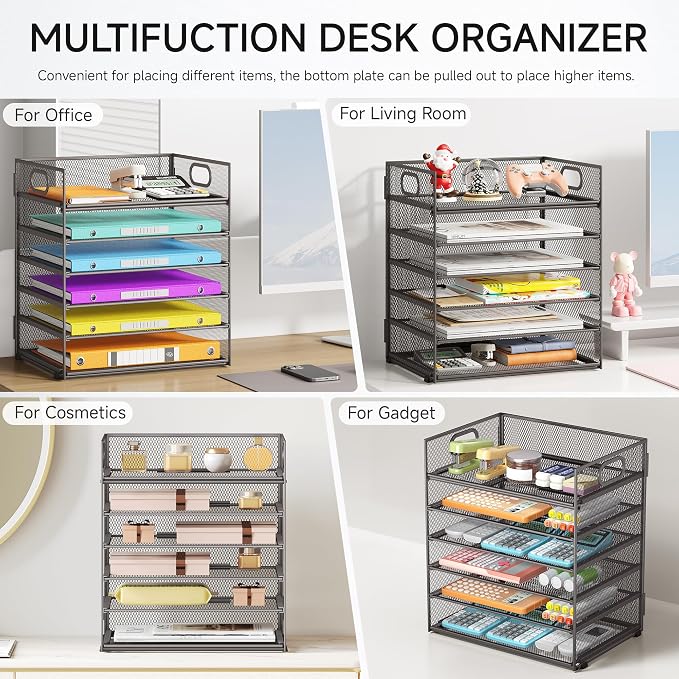 6 Tiers Letter Tray Paper Organizer With Handle, Mesh Desk File Organizer, Metal Desktop Document Shelf, Paper Sorter for Office, Home or School File Folder Holder - Grey - Image 3