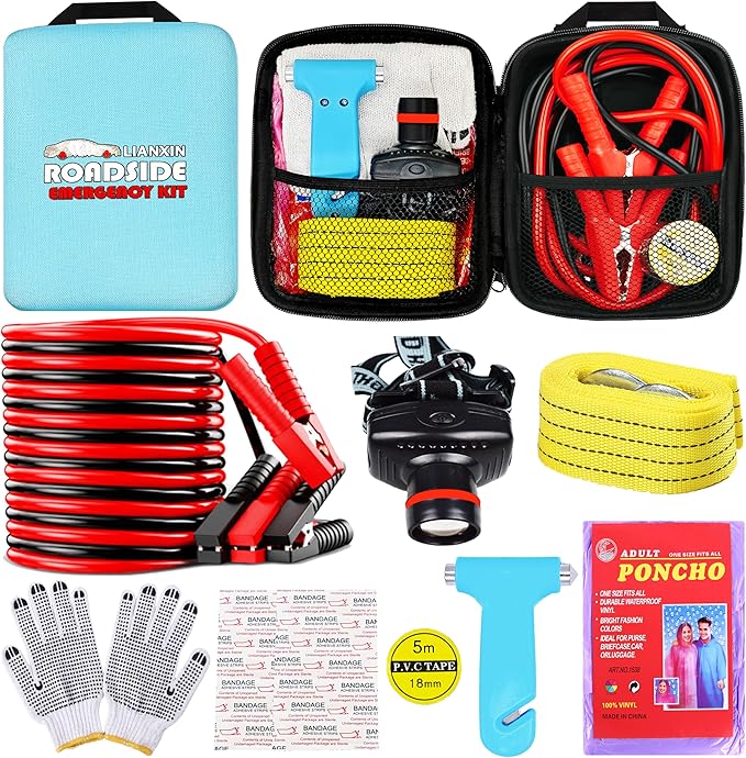 Auto Emergency Kits Vehicles with Jumper Cables headlamp Car Safety Kits | Car Emergency Roadside Tool Kit Tow Straps, Safety Hammer, Rainwear, Multi-tool Kit, Breakdowns Gifts for New Drivers by LIANXIN