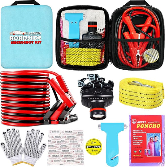 Auto Emergency Kits Vehicles with Jumper Cables headlamp Car Safety Kits | Car Emergency Roadside Tool Kit Tow Straps, Safety Hammer, Rainwear, Multi-tool Kit, Breakdowns Gifts for New Drivers by LIANXIN