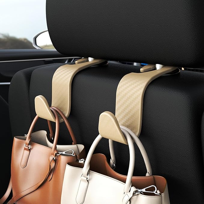 Amooca 4-Pack Car Headrest Hooks Vehicle Storage Organizer for Purses Handbags Groceries Coats – Heavy Duty 360° Rotating Simple Design Checkered Beige - Image 2
