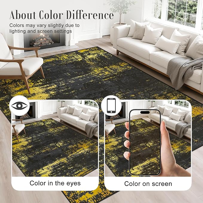 10x12 Area Rug Living Room Rug: Washable Modern Abstract Soft Thin Rug Indoor Floor No Slip Carpet for Bedroom Dining Room Farmhouse Nursery Home Office - Dark Black Gold - Image 6