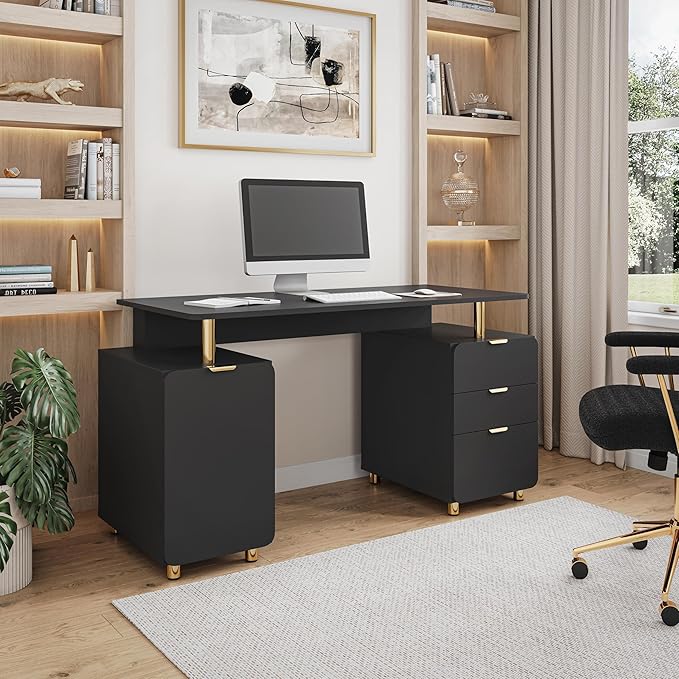 Techni Mobili 57"W Computer Desk w/ 3 Drawers & Storage Cabinet, Black/Gold | Home office workstation, durable construction, everyday productivity, Ideal for home office, Workspace organization - Image 2