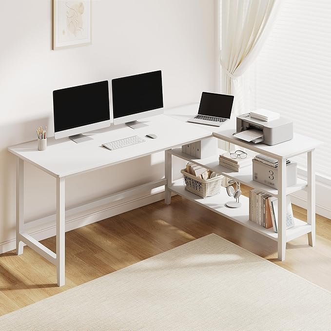 IOTXY Reversible L-Shaped Office Desk - 63" Extra Large Corner Computer Table with Storage Shelves, Solid Wood Legs, Home Writing & Study Workstation, White by IOTXY