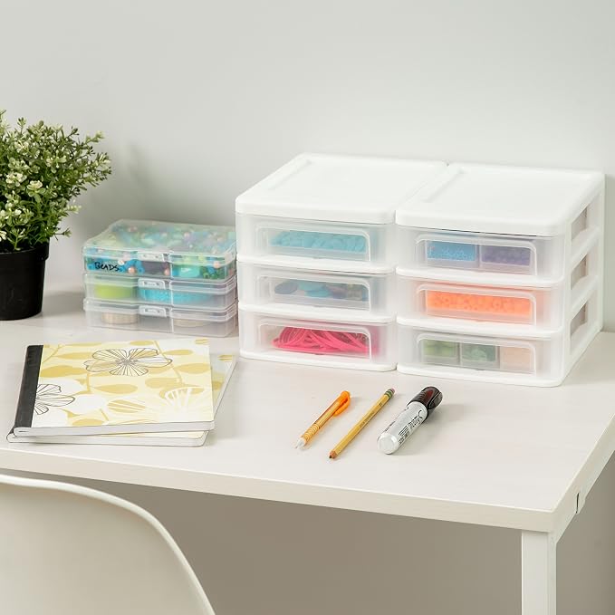 IRIS USA 2-Pack, 3-Drawer Small Plastic Stacking Desktop Organizer, White | Organize office supplies, stationery, makeup, craft materials and everyday essentials for neat desktop storage - Image 2